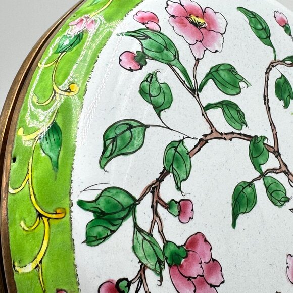 Vtg Hand-Painted Floral Enamel Trinket Box Birds & Blossoms 6" Diameter - Picture 16 of 16